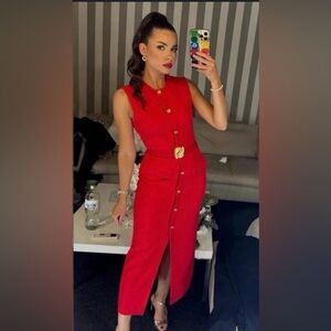 Zara Red Crepe Belted Sleeveless Midi Dress Gold Metal Buckle NWT XS